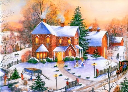 Winter in the country - winter, beautiful, snow, village, christmas, painting, houses, country, peaceful, art