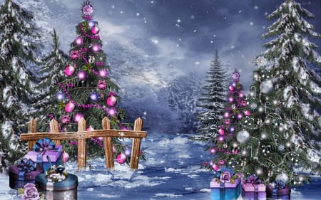 Christmas coming - balls, firs, fence, evening, artwork, clouds, snow, decoration