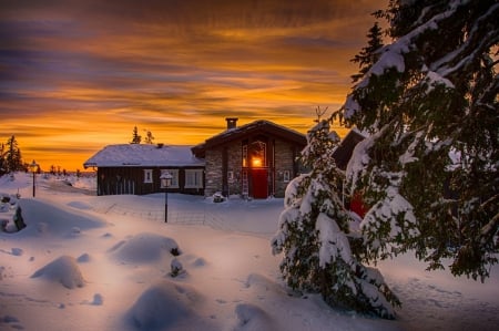 Countryside Winter - clouds, trees, sunset, snow, cottage, sky