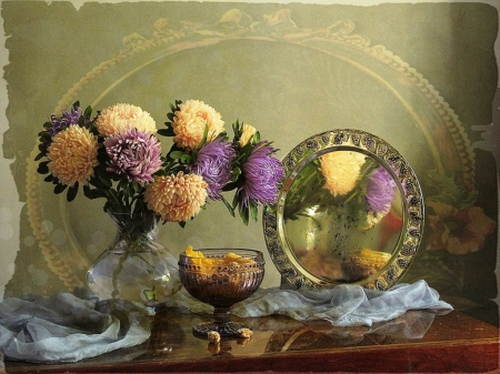 Still life - chrysanthemums, abstract, vase, yellow, beautiful, photography, table, colors, still life, flowers, plate, purple, soft