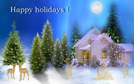 Happy holidays - trees, joy, light, winter, blessed, deer, christmas, nature, holidays, evening, wish, house, happiness