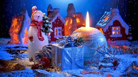 MERRY CHRISTMAS~for Yu My Dearest Alex - cottage, snowman, candle, stars, gift, light, winter, christmas, house