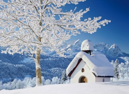 Chappel in Winter Landscape - sunshine, hills, snow, tree, mountains