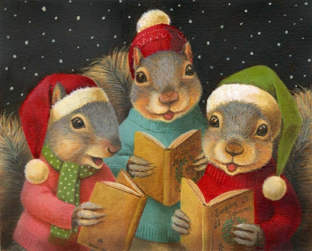 Caroling Squirrels - squirrels, cute, booking, hats, christmas, caroling, card, little, squirrel, santa, at