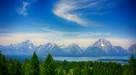 Mountains On A Morning Summer - sky, trees, snowy peaks, mountains, forest, clouds, beautiful, river, morning view