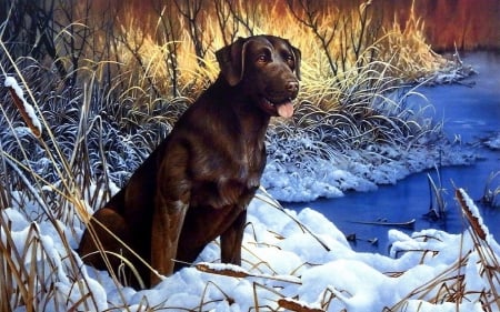 Waiting for the Boss - pretty, winter, black dog, creative pre-made, paintings, snow, lovely, xmas and new year, dogs, cute, Christmas, love four seasons, draw and paint, animals