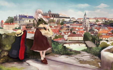 Country Music - gown, guitar, maiden, beautiful, anime girl, girl, lady, scenery, city, cloud, pretty, beauty, sweet, anime, dress, sky, town, long hair, building, nice, lovely, scene, female, house