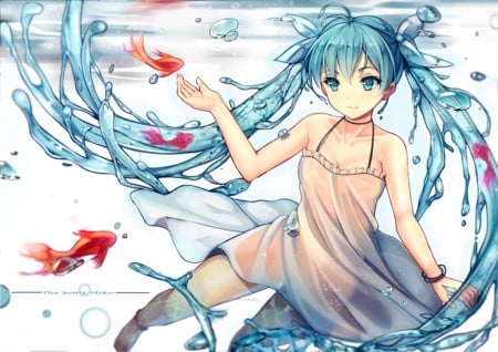 Bottle Miku - nice, female, sundress, water, twintail, aqua hair, goldfish, anime girl, bubbles, miku hatsune, pretty, anime, miku, bottle miku, twin tail, cute, hatsune miku, adorable, girl, twintails, wet, lovely, vocaloids, kawaii, twin tails, vocaloid, fish, sweet, gold fish, dress