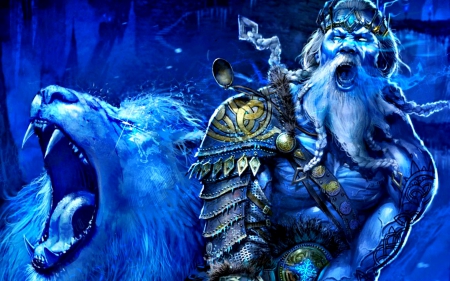 Come with us! - helmet, lion, winter, night, fantasy, armor, man, blue, animal