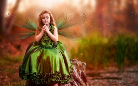 Little fairy - child, cute, girl, wings, fantasy, orange, fairy, autumn, green