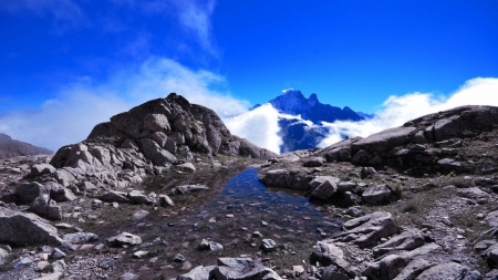 Pure Air - clouds, water, pond, france, mountains, rocks, sky