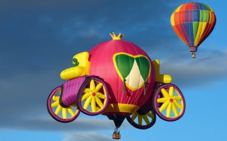 Balloons - pink, cinderella, carriage, yellow, blue, sky, balloon, colorful, green