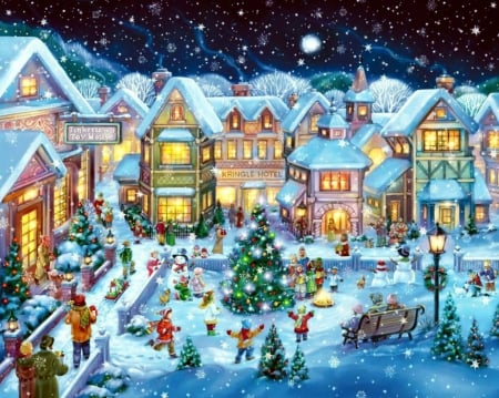 Christmas Eve - christmas tree, town, lights, artwork, snow, children, houses, stars