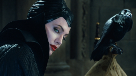 Maleficent - black, bird, raven, actress, maleficent, fantasy, movie, fairy, angelina jolie, disney, horns