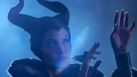 Maleficent - black, actress, maleficent, blue, fantasy, movie, fairy, angelina jolie, disney, horns