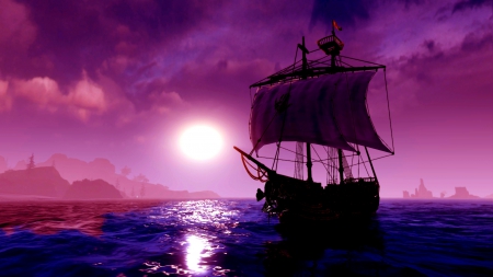 MOONLIGHT SAILING - sail, moon, ship, sea, art