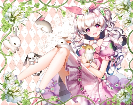 cute girl - pretty, anime, rabbits, dress, girl, cute, pink