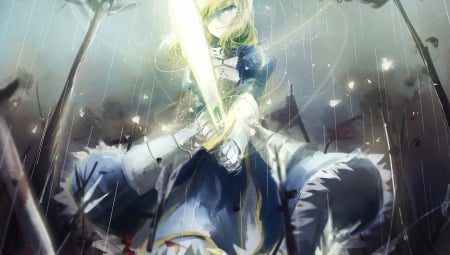 * - saber, hair, blue, excalibur, weapons, blonde