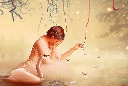 ~When you're far away~ - photomanipulation, swans, models, background, 3d and cg, emotional, creative pre-made, love four seasons, digital art, weird things people wear, beautiful, colors, beloved valentines, birds