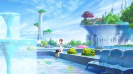 My Secret Place - beauty, nice, female, water, anime girl, mondaiji, fountain, cloud, pretty, anime, garden, scene, girl, slky, lovely, bird, beautiful, scenery, sweet