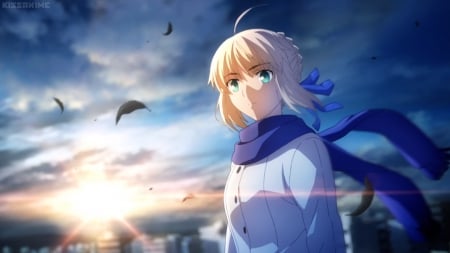 Saber - saber, beauty, nice, sky, female, blond, anime girl, wind, windy, pretty, cloud, blonde hair, evening, anime, scene, girl, long hair, scarf, lovely, fate stay night, beautiful, scenery, sweet, blonde