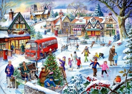 Winter Green - people, town, artwork, snow, ice, christmas tree, painting, bus, xmas, skating, houses