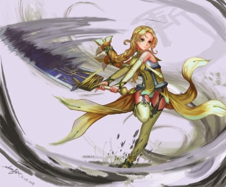 Strike! - pretty, anime, female, dress, blonde, mad, blond hair, long hair, blond, hd, fight, weapon, nice, anime girl, beautiful, hot, girl, sword, blonde hair, beauty, lovely, sweet, blade, cg, angry, sinister, sexy