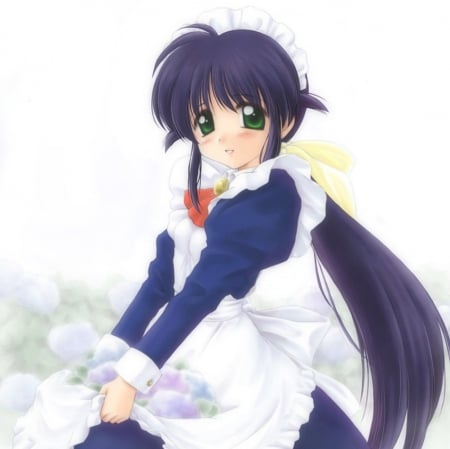 Automatic Maiden - pretty, anime, kawaii, female, mahoro ando, ando, dress, long hair, nice, ando mahoro, apron, purple hair, anime girl, beautiful, mahor, girl, beauty, lovely, maid, sweet, flower, white, cute, mahoromatic, adorable