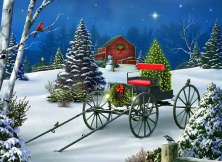 ★Christmas Delight★ - pretty, attractions in dreams, creative pre-made, greetings, snow, christmas trees, holidays, stars, Christmas, winter holidays, snowman, cardinal, winter, beautiful, wagon, colors, lovely, xmas and new year, delight, white trees, love four seasons