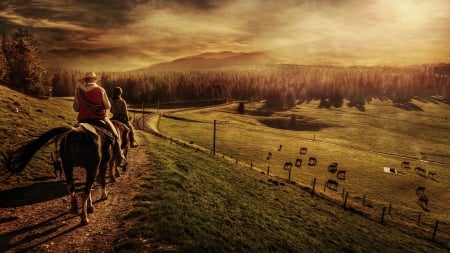 Mountain - horses - horses, people, forest, mountain, field