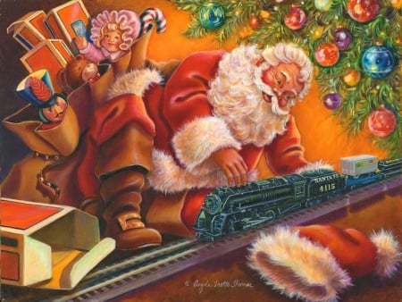 Santa\'s break - winter, decoration, gifts, toys, joy, break, playing, rest, tree, christmas, santa, train, holiday, funny, painting, art