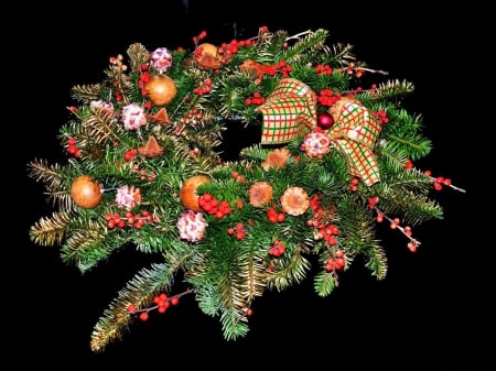 Christmas Wreath - leaves, wreath, flowers, lights