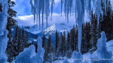 View through the Icicles - nature, snow, winter, icicles, mountains