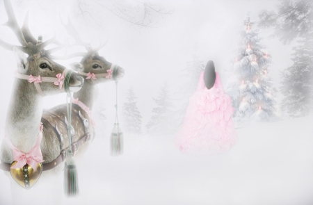 Νow is ready... - winter, snowy, snow, dress, girl, holidays, forest, pink, tree, christmas, deer, time, two, pine, brunette