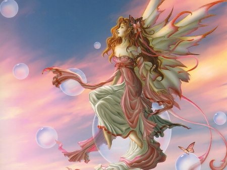 Bubble Fairy - sky, butterfly, wings, barefoot, fairy, bubbles, dress