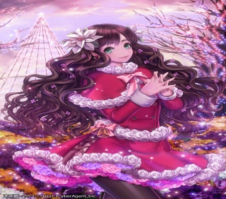 Pretty Girl - love, girl, winter, long hair, orginal, christmas, santa, art, pretty, tree, flowers, cute