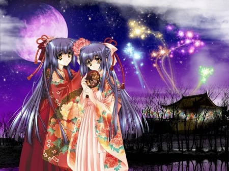 Kimono's Night - pretty, anime, female, scenery, scene, night, long hair, dark, japan, oriental, nice, fireworks, sky, moon, anime girl, beautiful, girl, beauty, kimono, lovely, sweet, darkness, yukata, twins, japanese