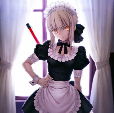 Fate Stay Maid - saber, anime, female, window, dress, blonde, blond hair, gloomy, emotional, curtain, gloom, blond, apron, anime girl, serious, sinsiter, girl, blonde hair, maid, black, white, fate stay night