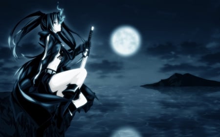 Full Moon - hot, brs, anime girl, black hair, dark, sexy, gloomy, light, long hair, glow, beautiful, sweet, black rock shooter, nice, beauty, sky, female, twintail, black, sinsiter, pretty, anime, sword, twin tail, scene, moon, girl, night, lovely, cg, hd, twin tails, scenery