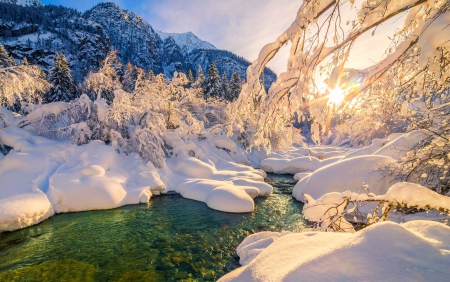 Wintersun - white, winter, beautiful, creek, snow, sunrise, forest, mountains