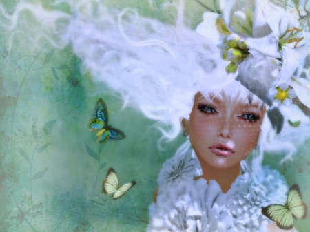 ~Pure White & Butterflies~ - girls, models, lady, 3d and cg, lovely, creative pre-made, white, love four seasons, pretty, digital art, weird things people wear, beautiful, softness beauty, colors, butterfly designs, butterflies