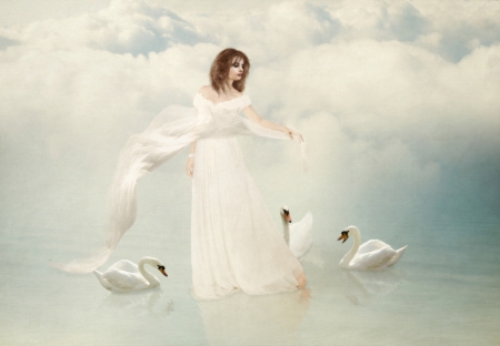 White Swans - women, swans, sky, reflection, clouds, water, birds