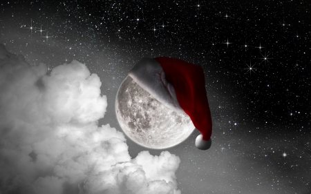 Santa Moon - cloud, red, winter, black, stars, christmas, white, sky, fantasy, hat, santa, moon