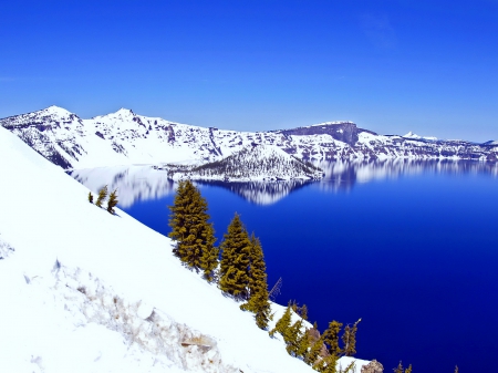 Deep blue - winter, blue, beautiful, snow, slope, reflection, mountain, deep, lake