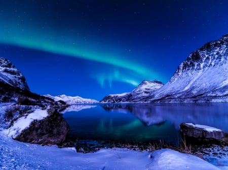 Winter Night - lake, cool, snow, night, mountains