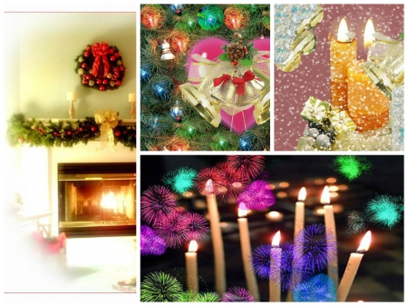 Christmas Collage - collage, yule, candles, fireplace, bells, winter, wreath, christmas, holiday, ornaments