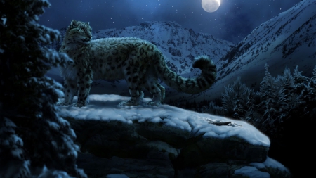 Leopards in snowy night - moon, leopards, winter, artwork, snowy forest, snow, night, forest, dark, mountains, animals