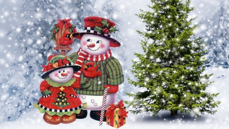 Happy Snowman at Christmas - christmas tree, gifts, artwork, snow, xmas