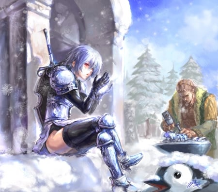 it's cool here - penguin, pretty, cute, armor, anime, girl, snow