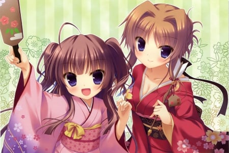 Kimono's - cute, beautiful, anime girl, adorable, girl, oriental, japan, pretty, kawaii, beauty, sweet, brown hair, anime, yukata, hd, cg, long hair, nice, lovely, kimono, female, japanese